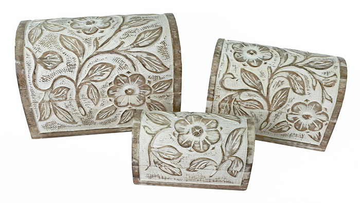 Mango Wood Set OF 3 Domed Boxes Burnt White Finish